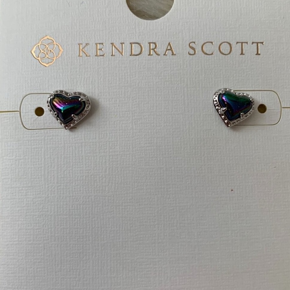Kendra Scott Anna Heart Stud Earrings Navy Iridescent Rhodium Silver Tone NWT - Picture 3 of 7
